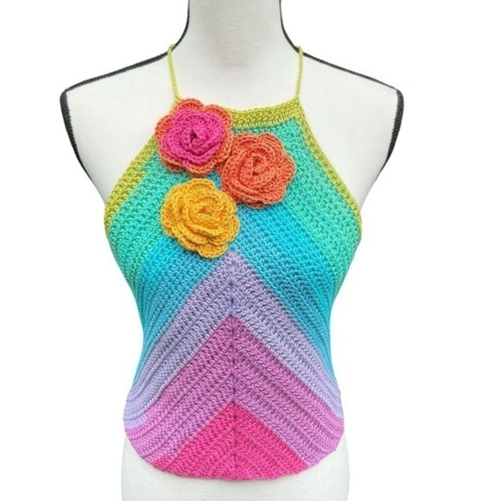Handcrafted Colorful Crochet Halter Top Floral Rose Accents Cotton Handmade Sz L
